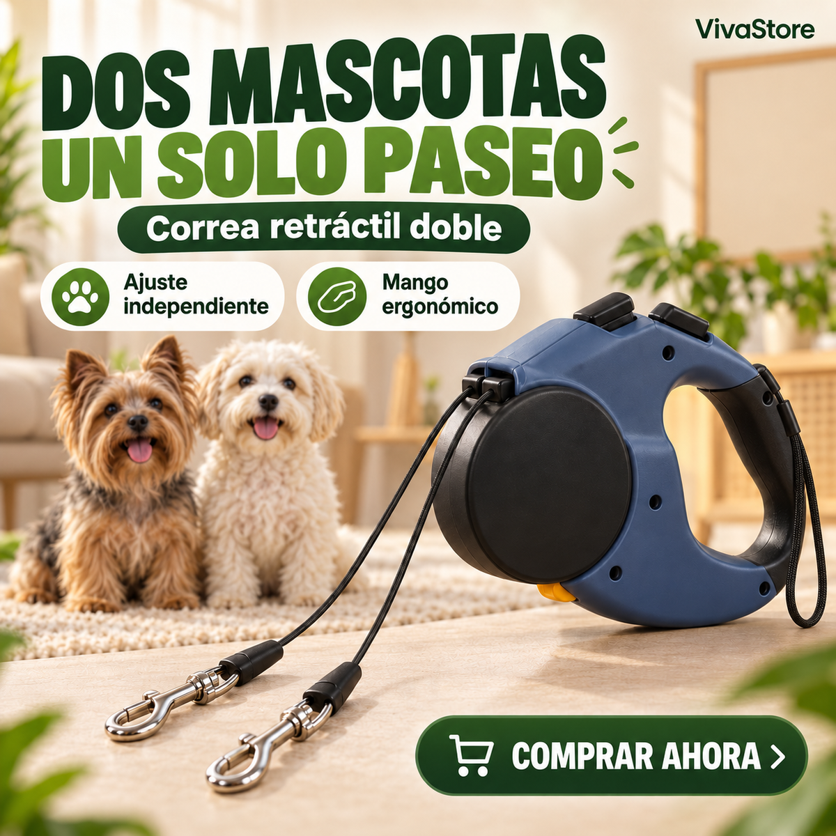 Correa Retráctil Doble para Pasear Dos Mascotas