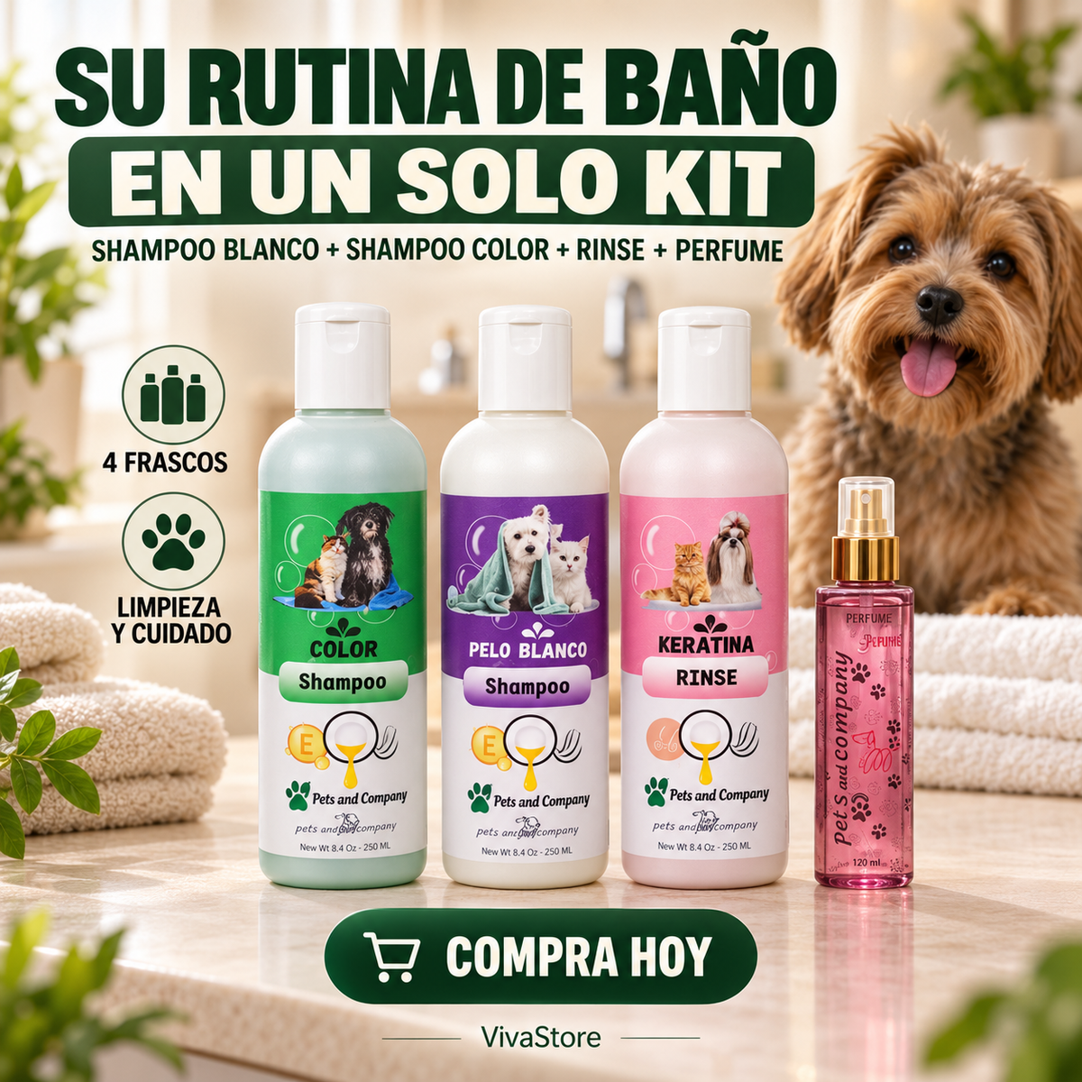 COMBO x4 Kit de baño para mascotas: shampoo blanco, shampoo color, rinse y perfume
