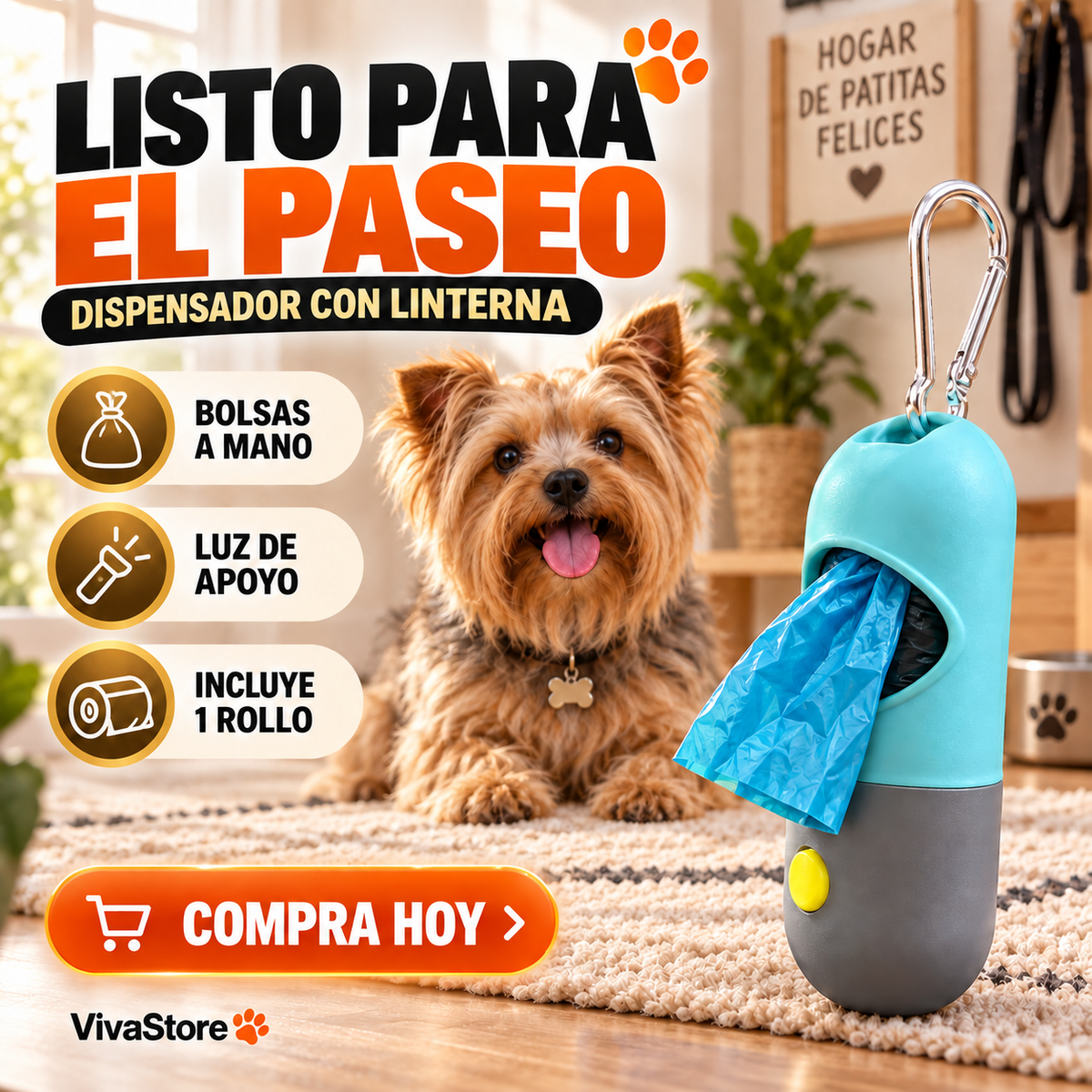Dispensador de bolsas con linterna para perros