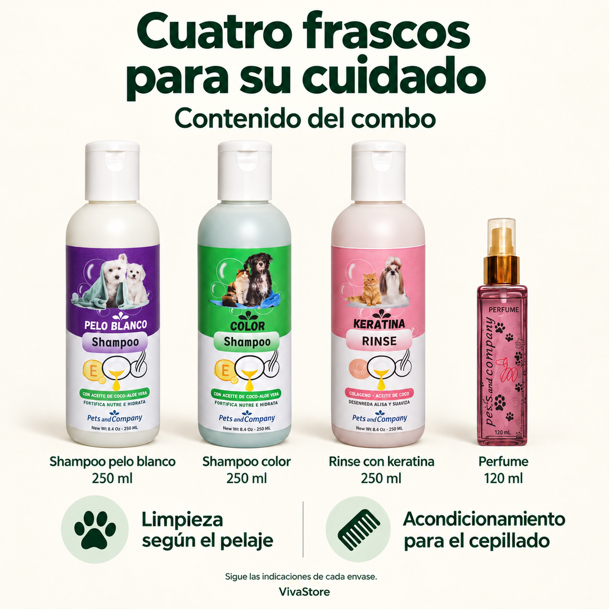 COMBO x4 Kit de baño para mascotas: shampoo blanco, shampoo color, rinse y perfume