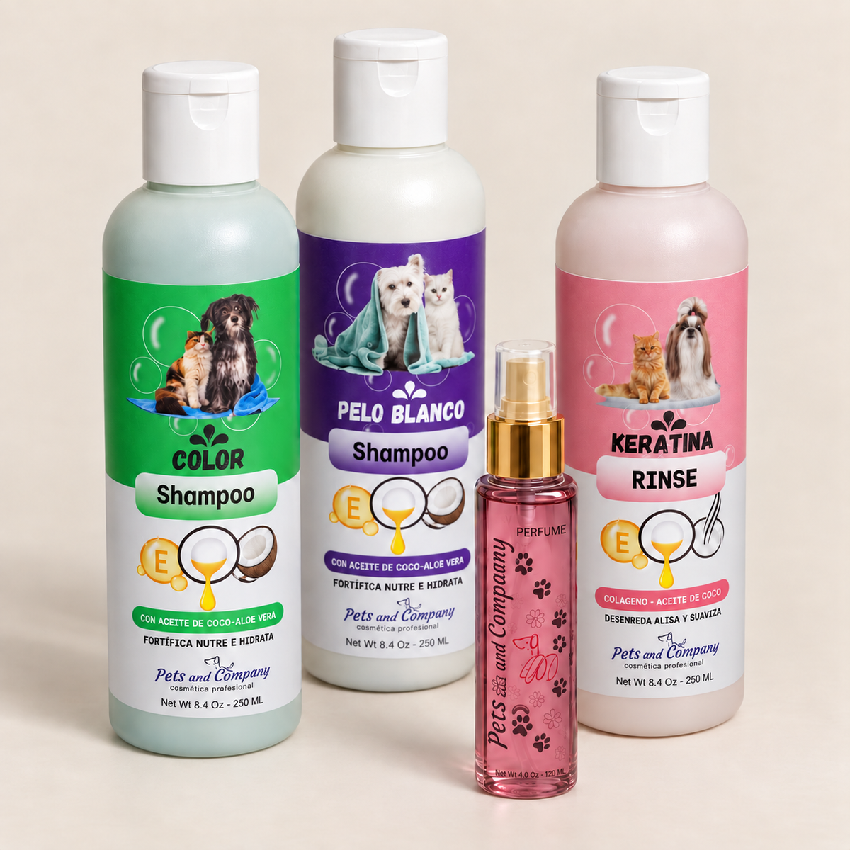 COMBO x4 Kit de baño para mascotas: shampoo blanco, shampoo color, rinse y perfume