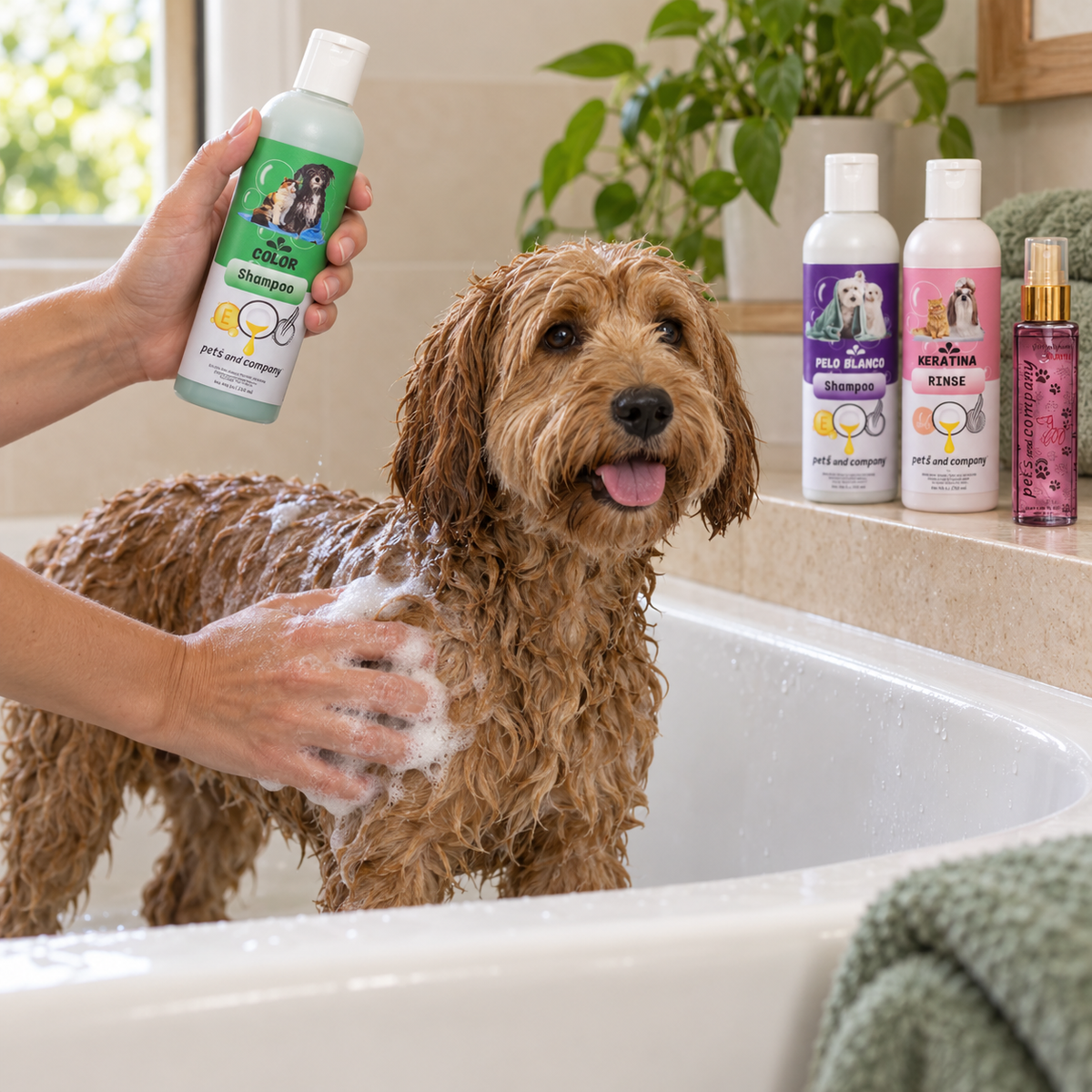 COMBO x4 Kit de baño para mascotas: shampoo blanco, shampoo color, rinse y perfume