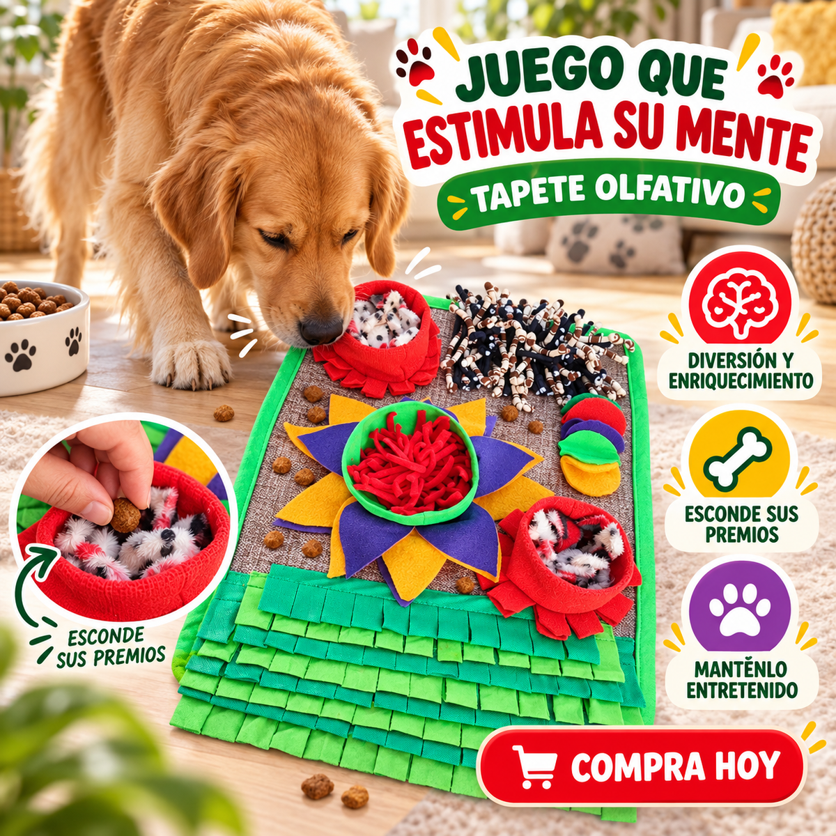 Composición ilustrativa de un perro explorando las distintas zonas de un tapete olfativo