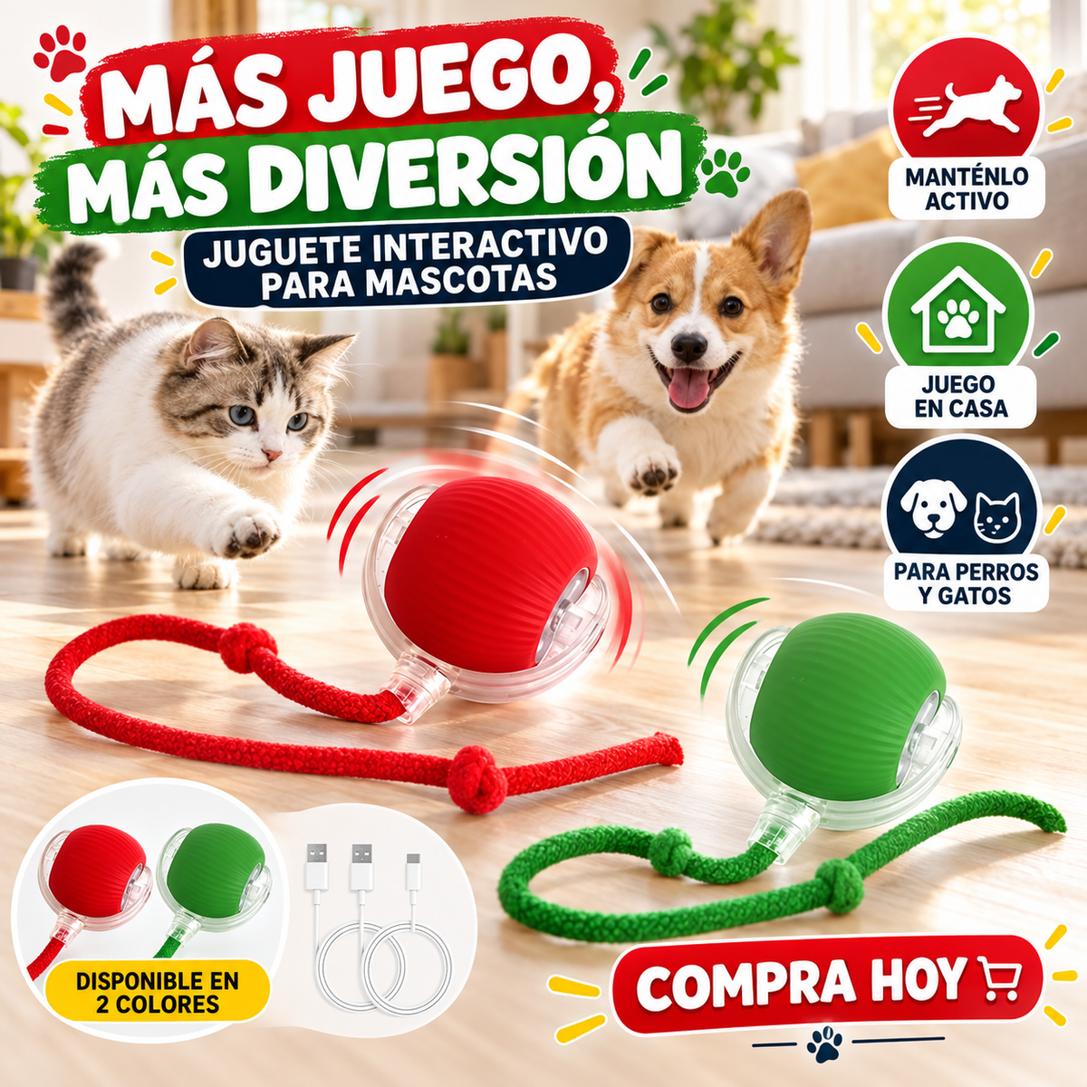 Composición ilustrativa de pelotas con cuerda en rojo y verde; se vende una unidad en color surtido