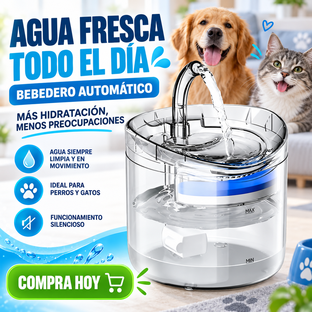 Fuente de Agua Transparente para Perros y Gatos – 1,5 L