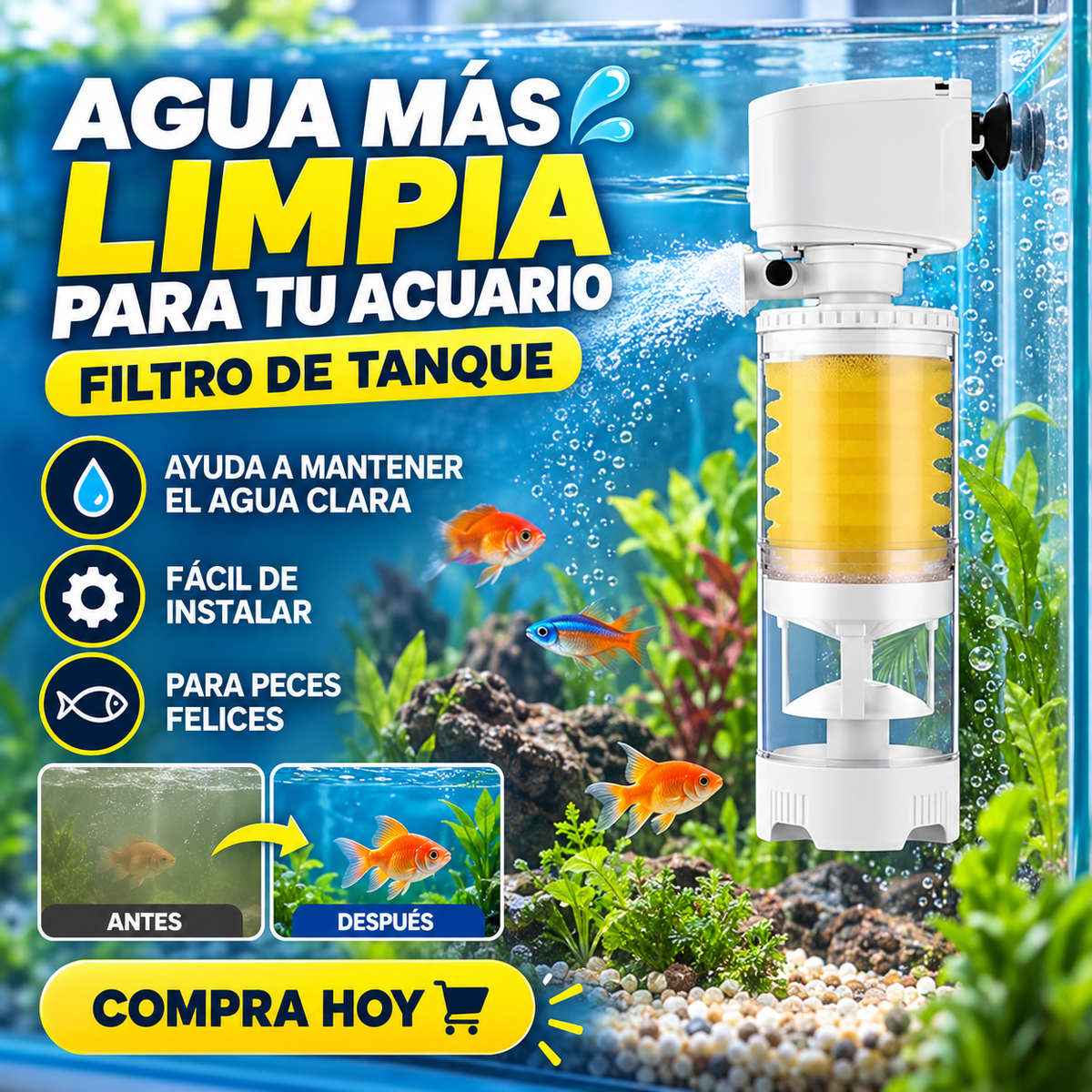Filtro interno para acuario con esponja y flujo ajustable