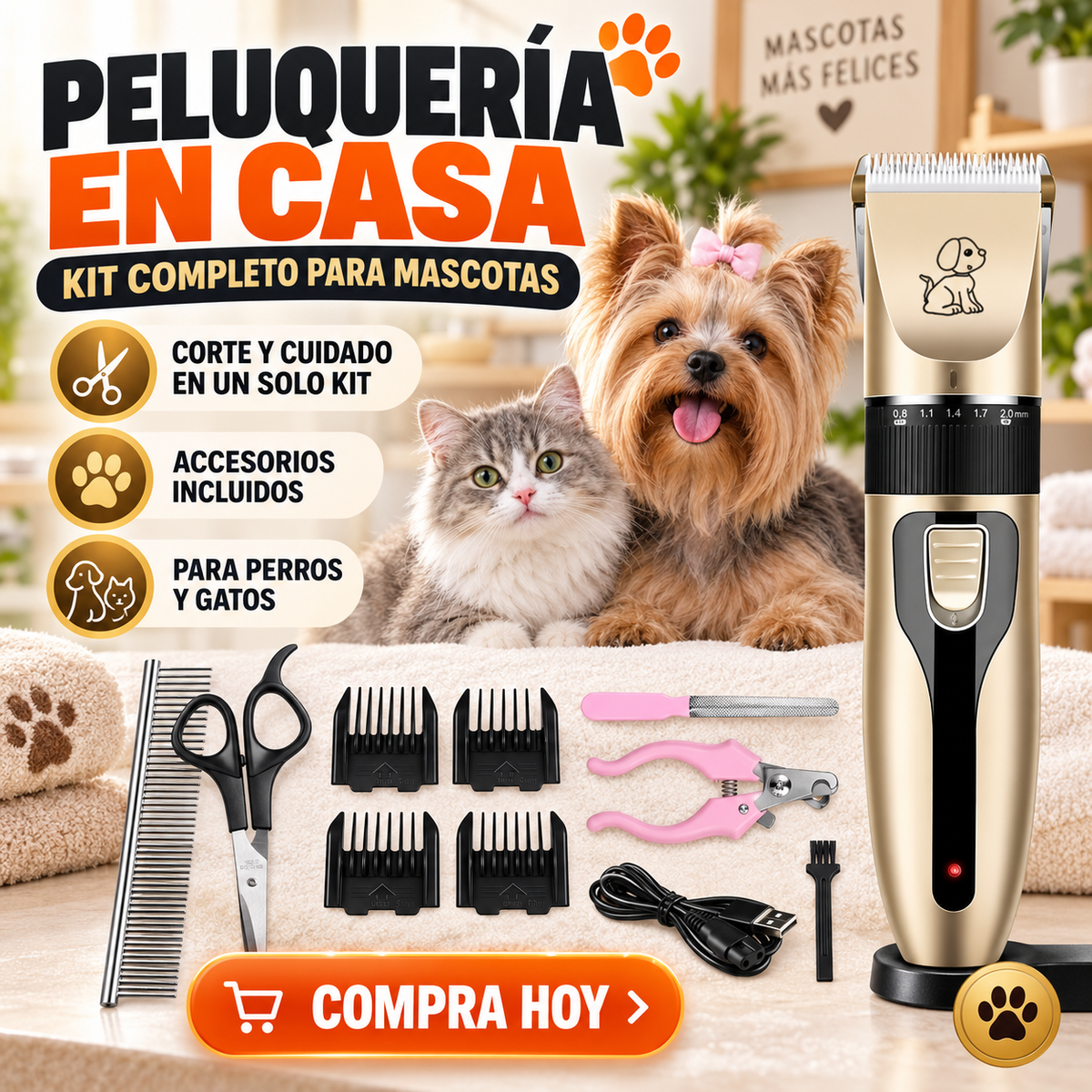 Composición ilustrativa del kit de peluquería con máquina, cuatro guías y accesorios mostrados por el proveedor