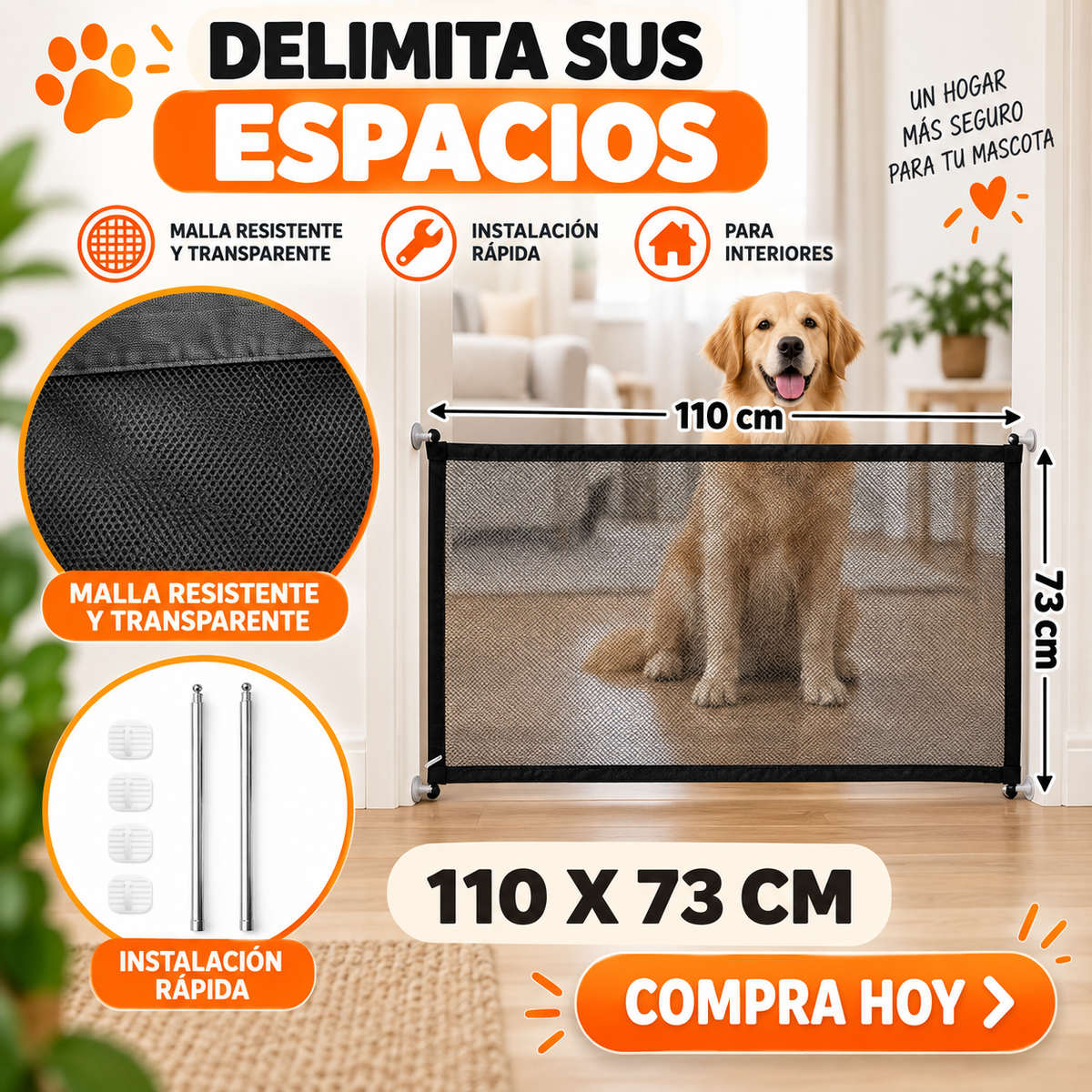 Barrera de malla para paso de mascotas; recreación de referencia pendiente de verificar medidas y accesorios