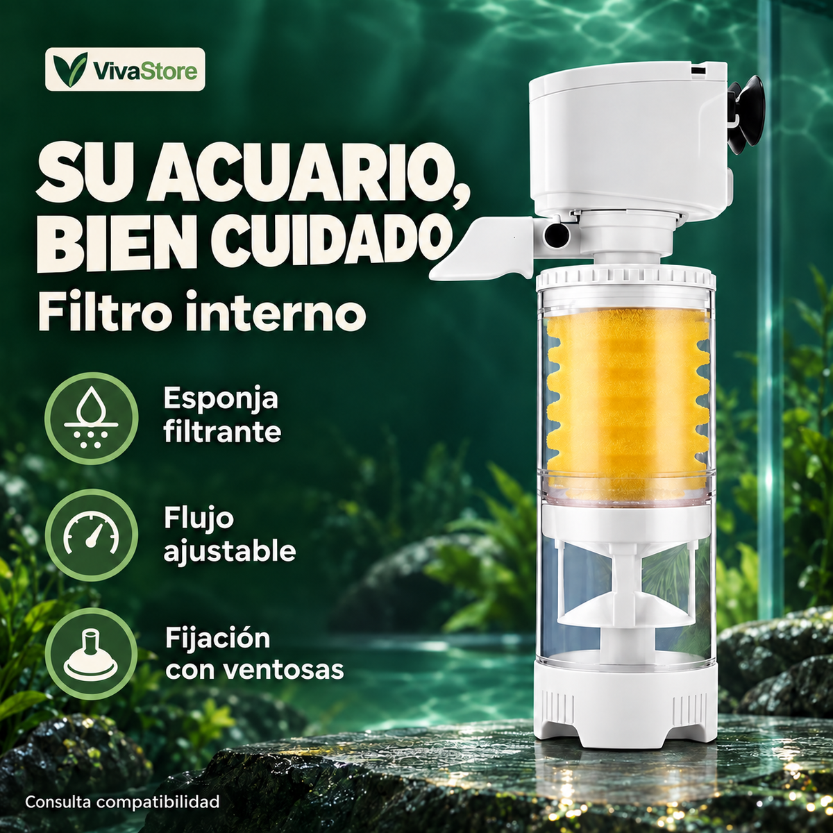 Filtro interno para acuario con esponja y flujo ajustable — Portada VivaStore
