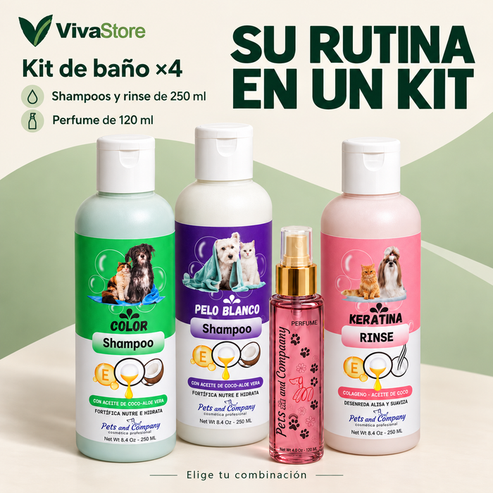 COMBO x4 Kit de baño para mascotas: shampoo blanco, shampoo color, rinse y perfume