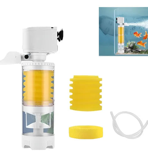 Filtro interno blanco para acuario con esponja amarilla, ventosas y tubo; imagen del proveedor