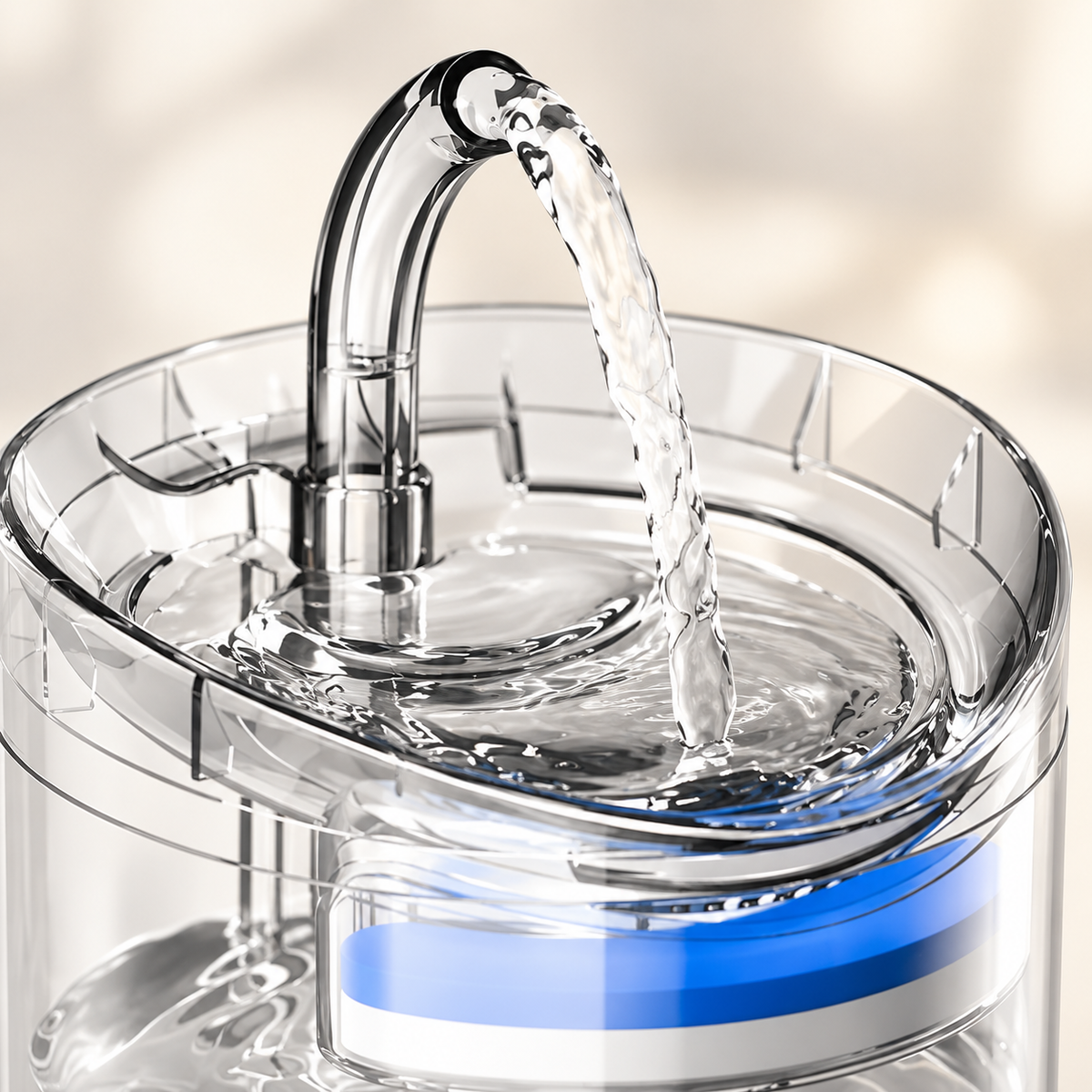 Detalle superior de la fuente de agua transparente; recreación ilustrativa