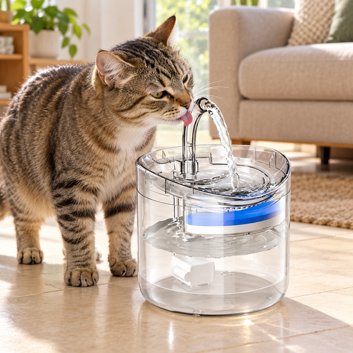 Escena ilustrativa de un gato junto a la fuente de agua; recreación ilustrativa