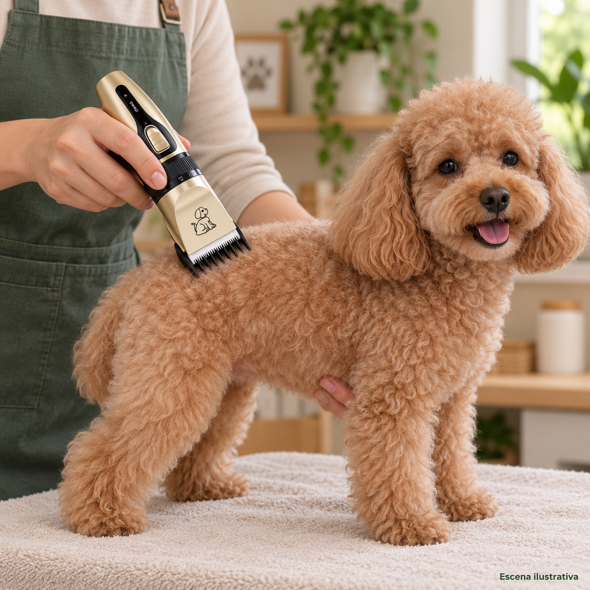 Demostración de uso de la máquina con peine guía sobre el pelo de un perro; recreación ilustrativa