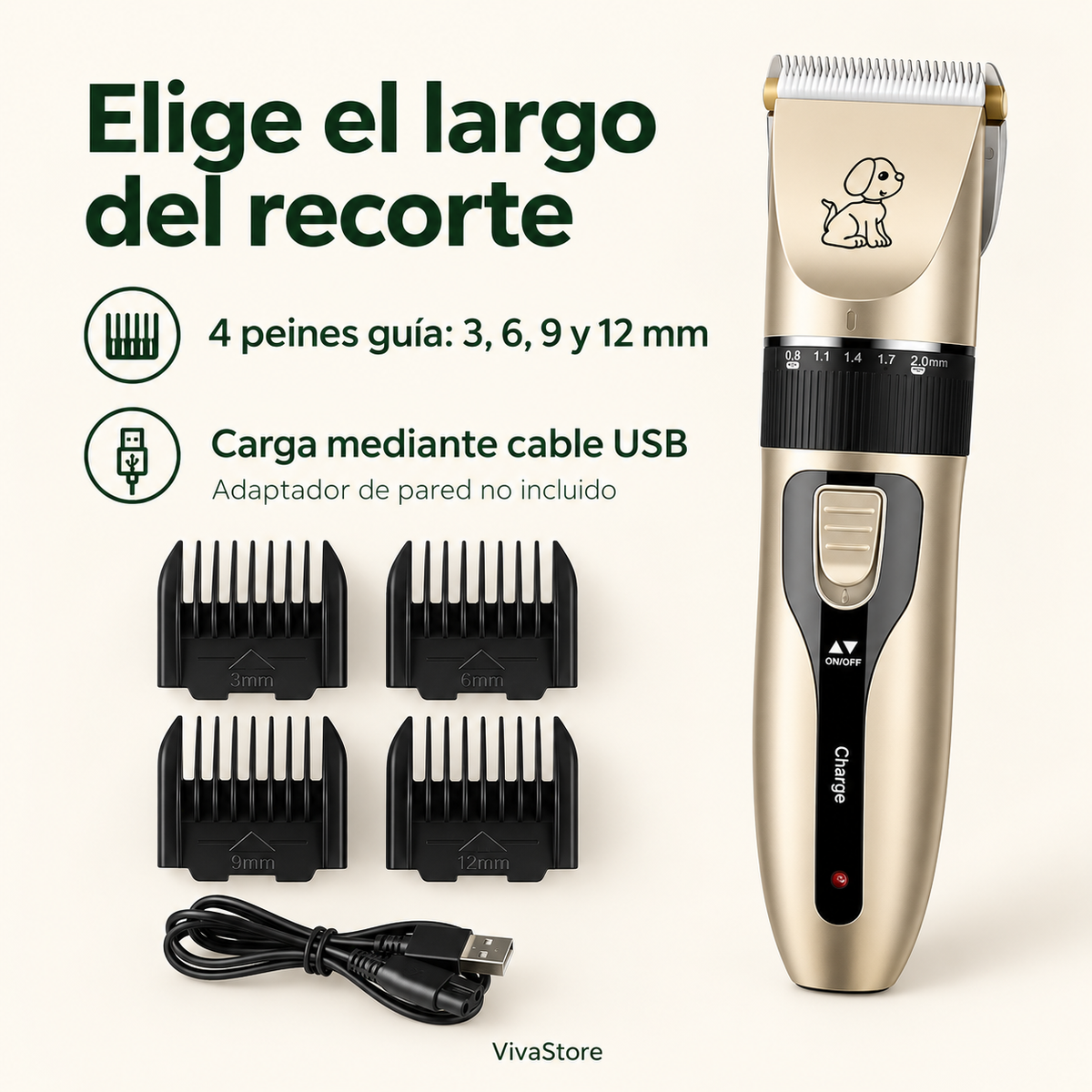 Kit de peluquería: máquina y cuatro peines guía; recreación ilustrativa