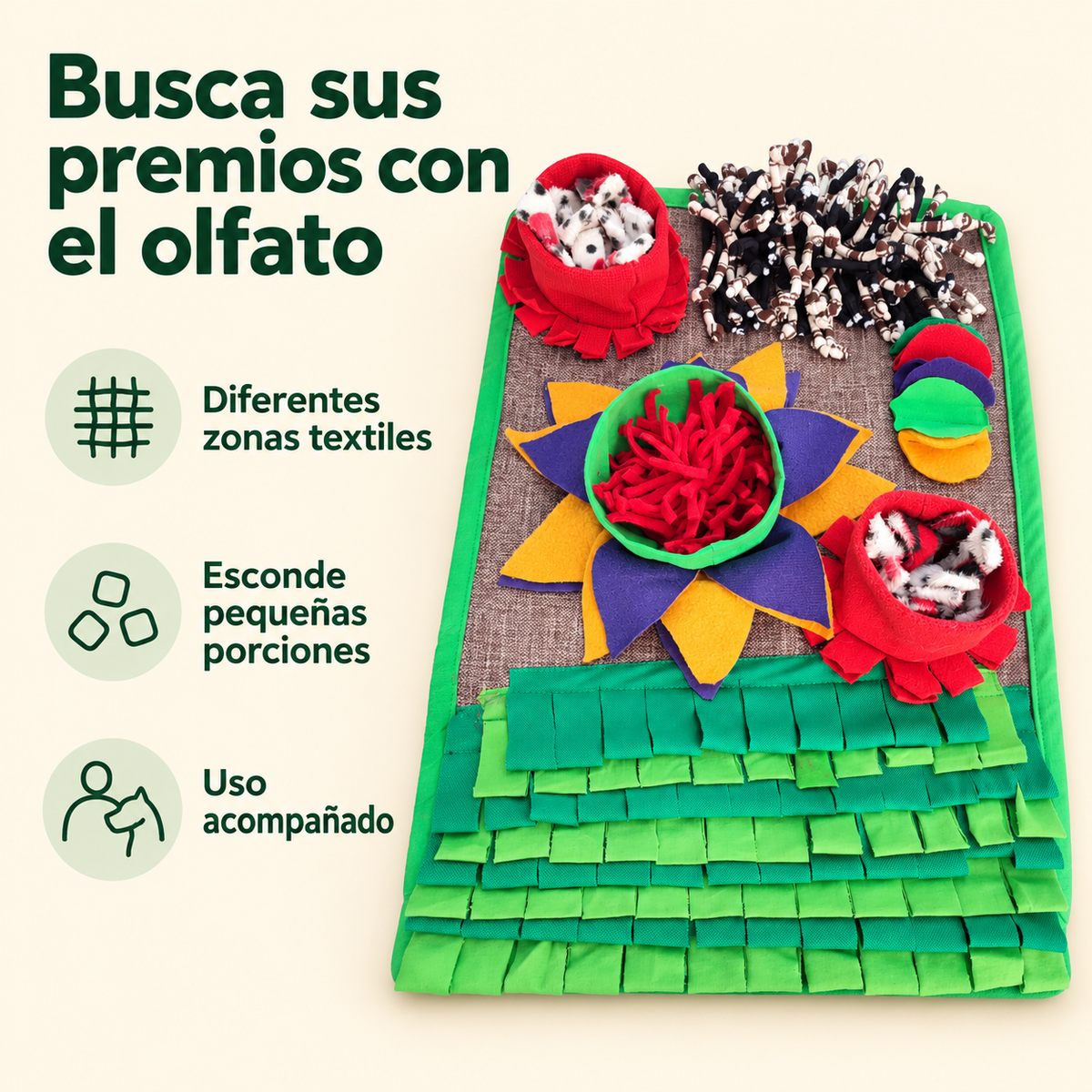 Tapete olfativo para esconder premios y practicar búsqueda supervisada; recreación ilustrativa