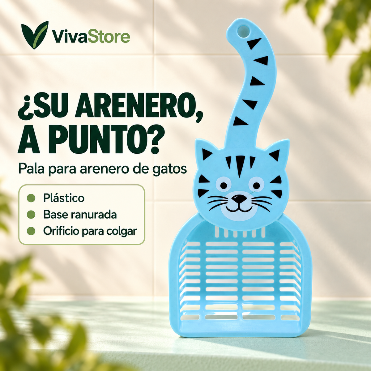 Pala plástica ranurada para arenero de gatos con mango de gatito y orificio para colgar