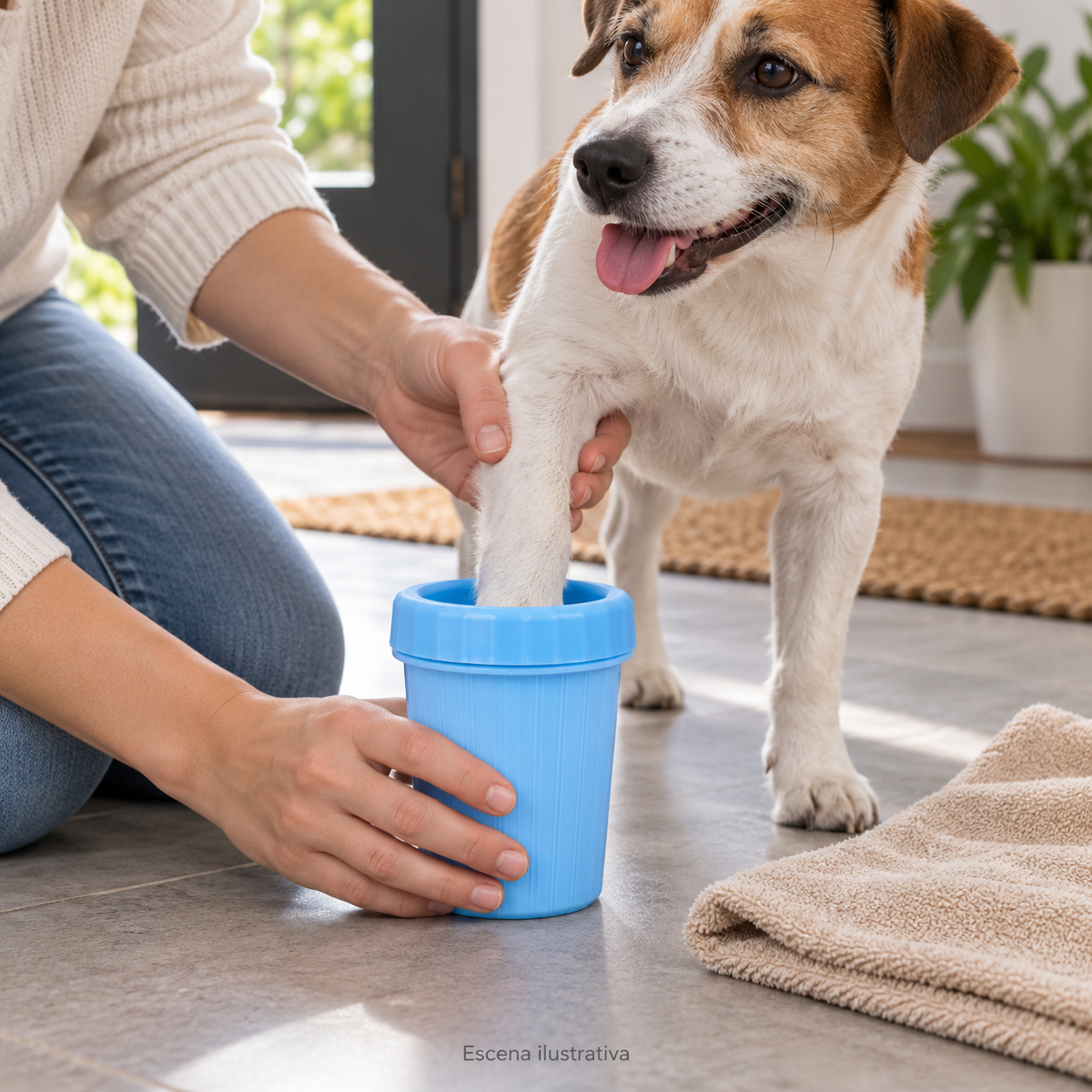 Demostración de uso del vaso limpiador con una pata de perro; recreación ilustrativa