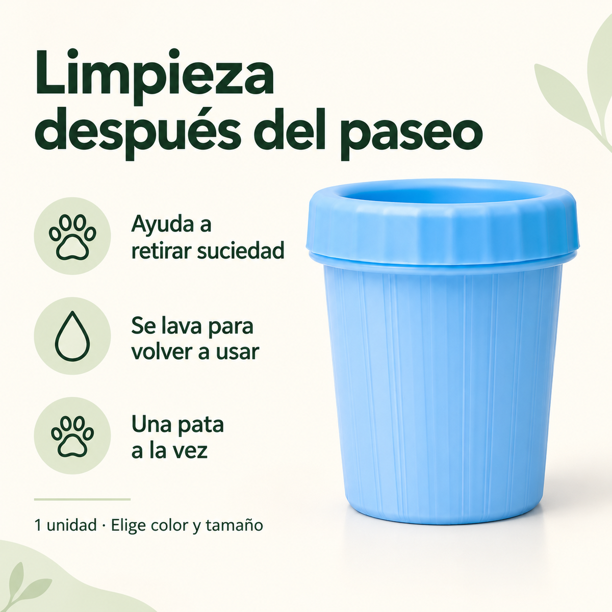 Características del vaso portátil para limpiar patas; recreación ilustrativa