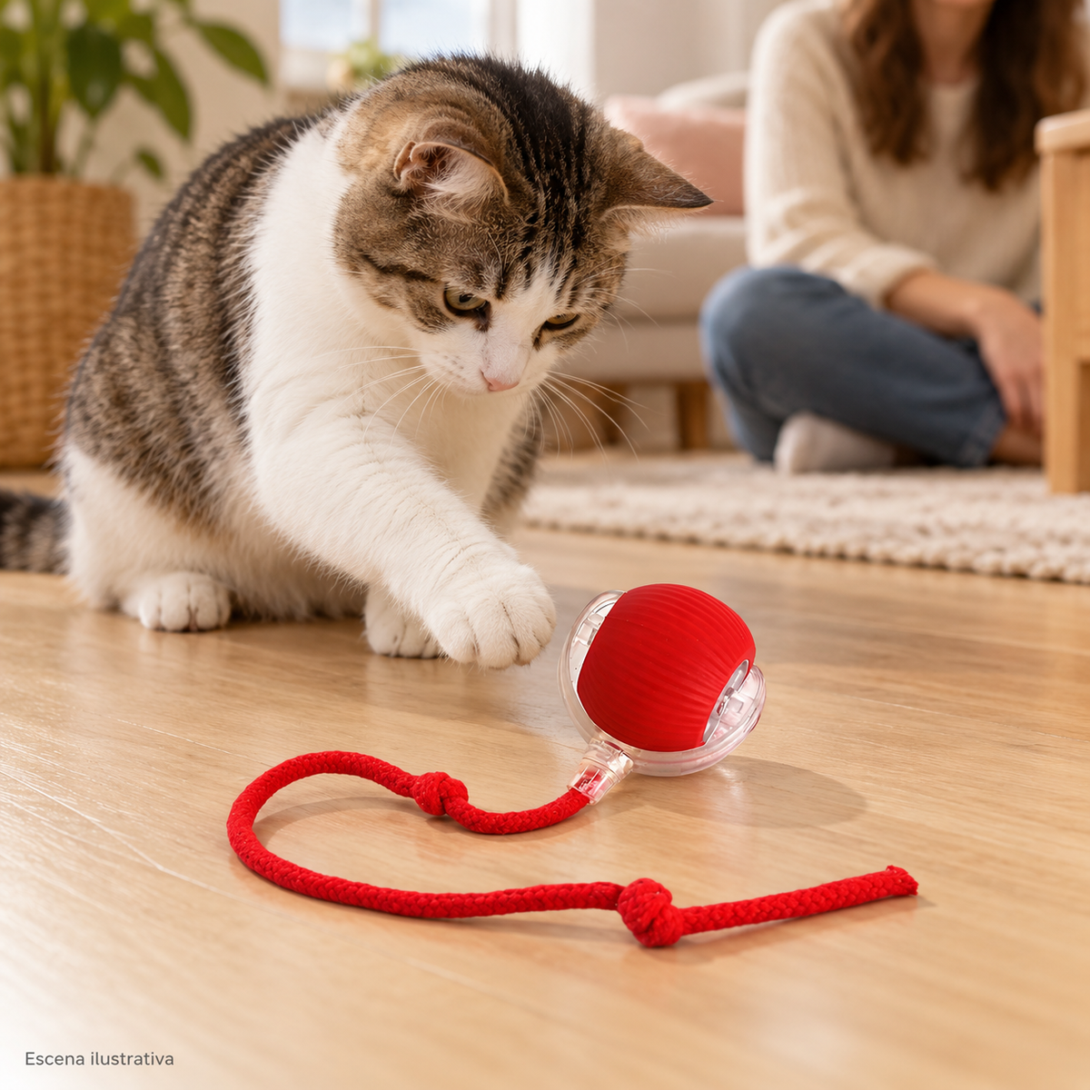 Escena ilustrativa de un gato jugando con la pelota roja; recreación ilustrativa