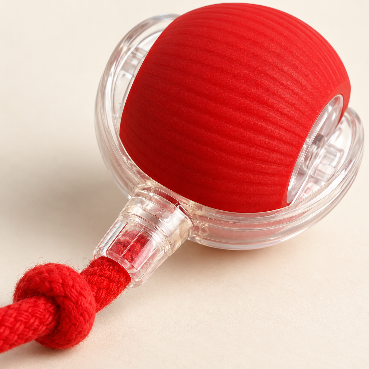 Detalle de la carcasa y la cuerda de la pelota roja; recreación ilustrativa