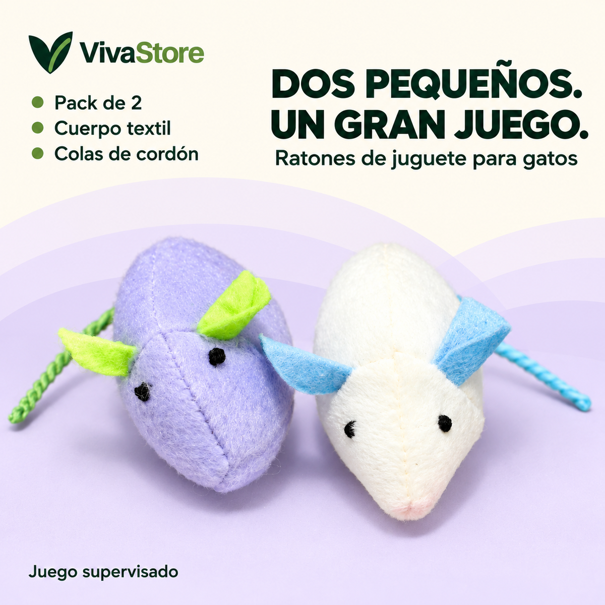 Pack de dos ratones de juguete para gatos, con orejas y colas de cordón