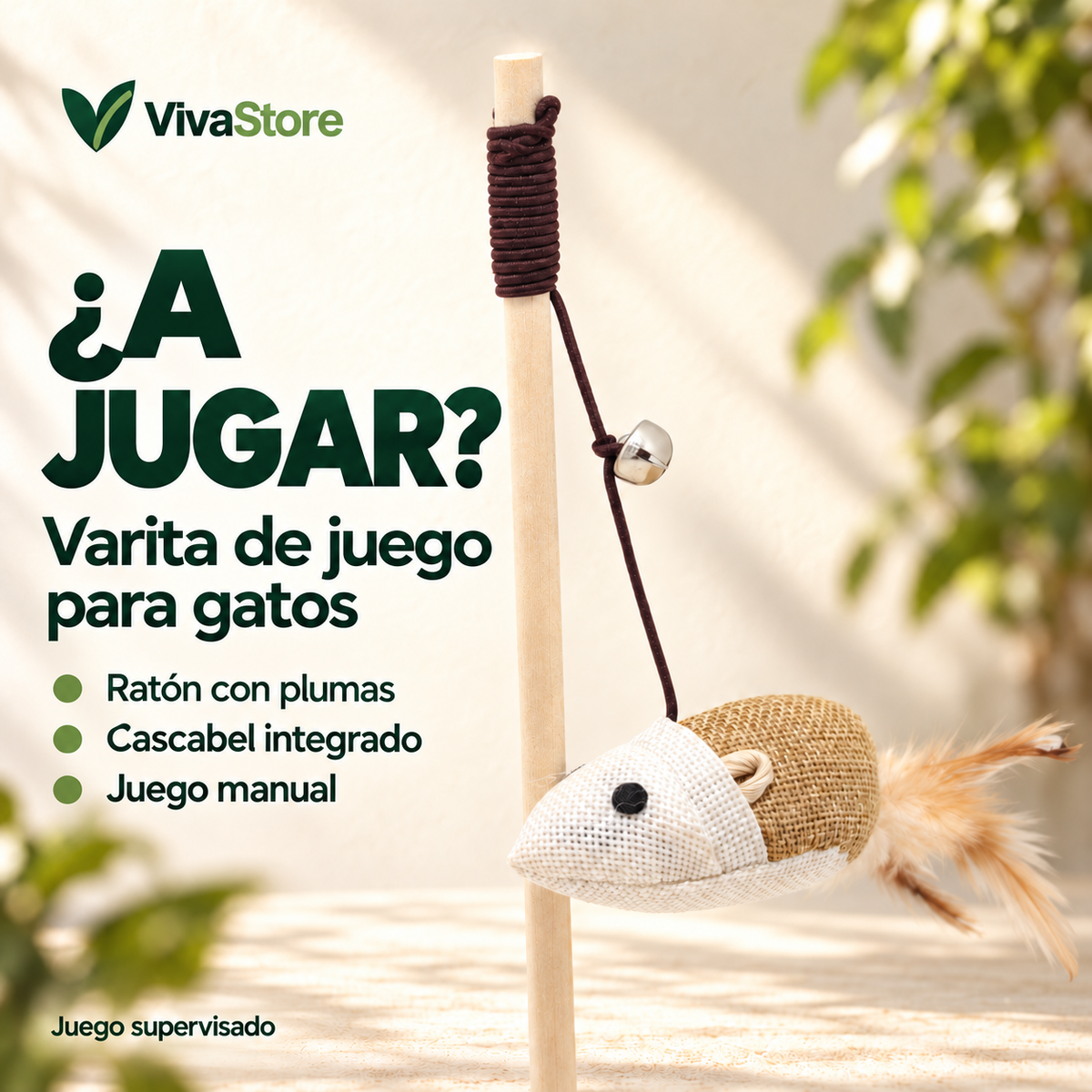 Varita de juego para gatos con ratón colgante, plumas y cascabel